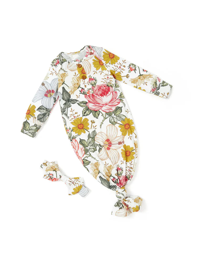 Baby Girl Floral Bamboo Sleeping Gown with Headband Color block