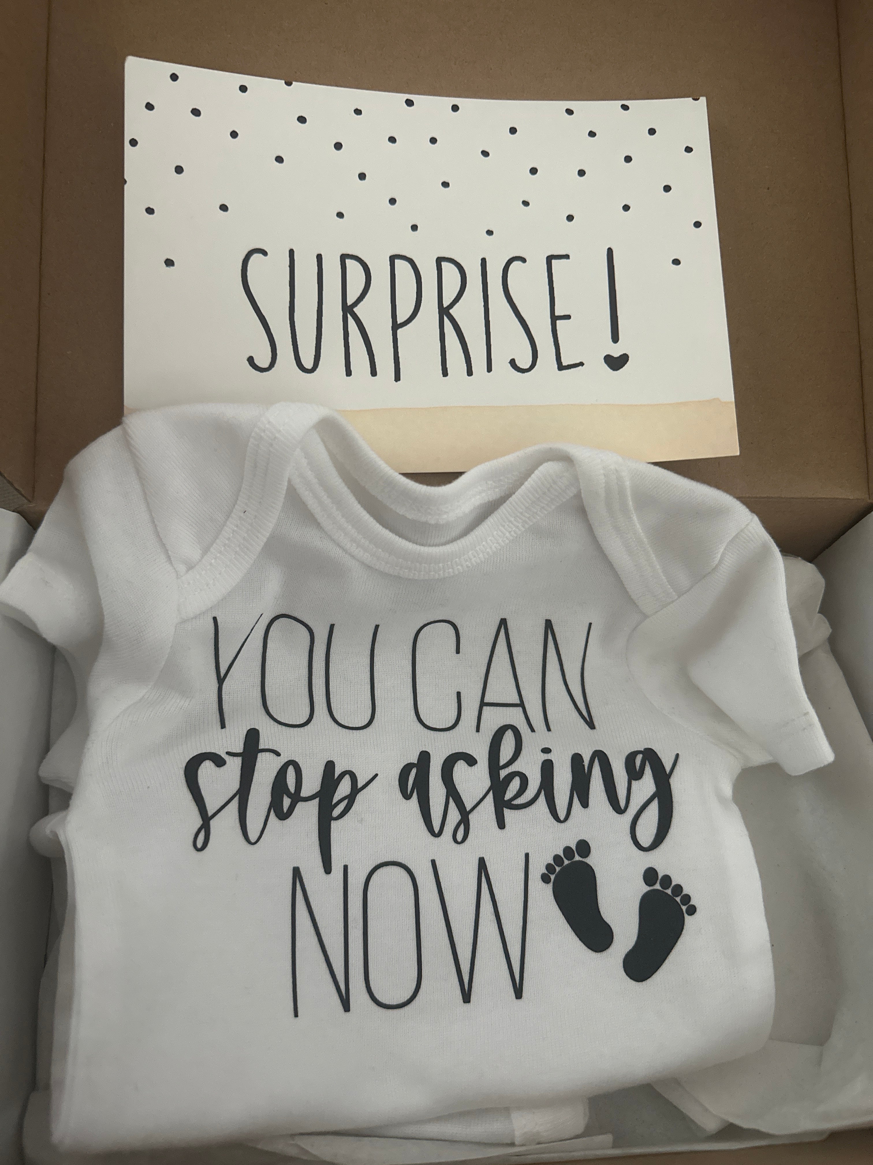 You Can Stop Asking Now Onesie with reveal box