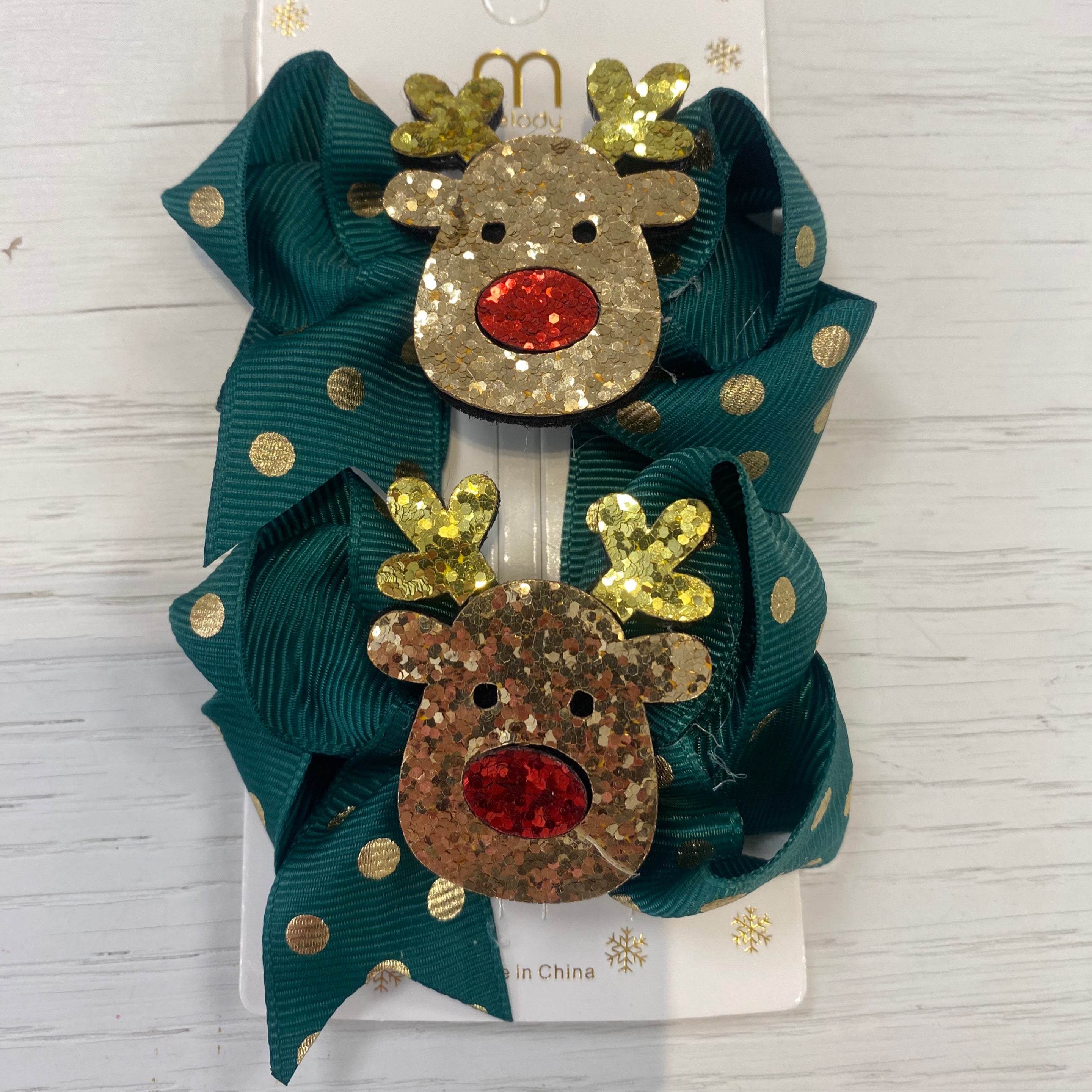 Rudolph Christmas Bow Clip (green)