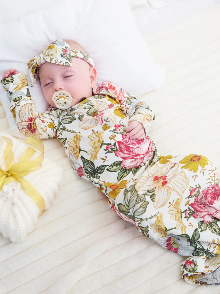 Baby Girl Floral Bamboo Sleeping Gown with Headband Color block