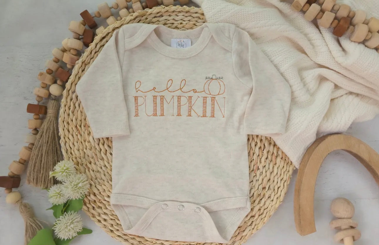 Hello Pumpkin Embroidered Long Sleeved Onesie