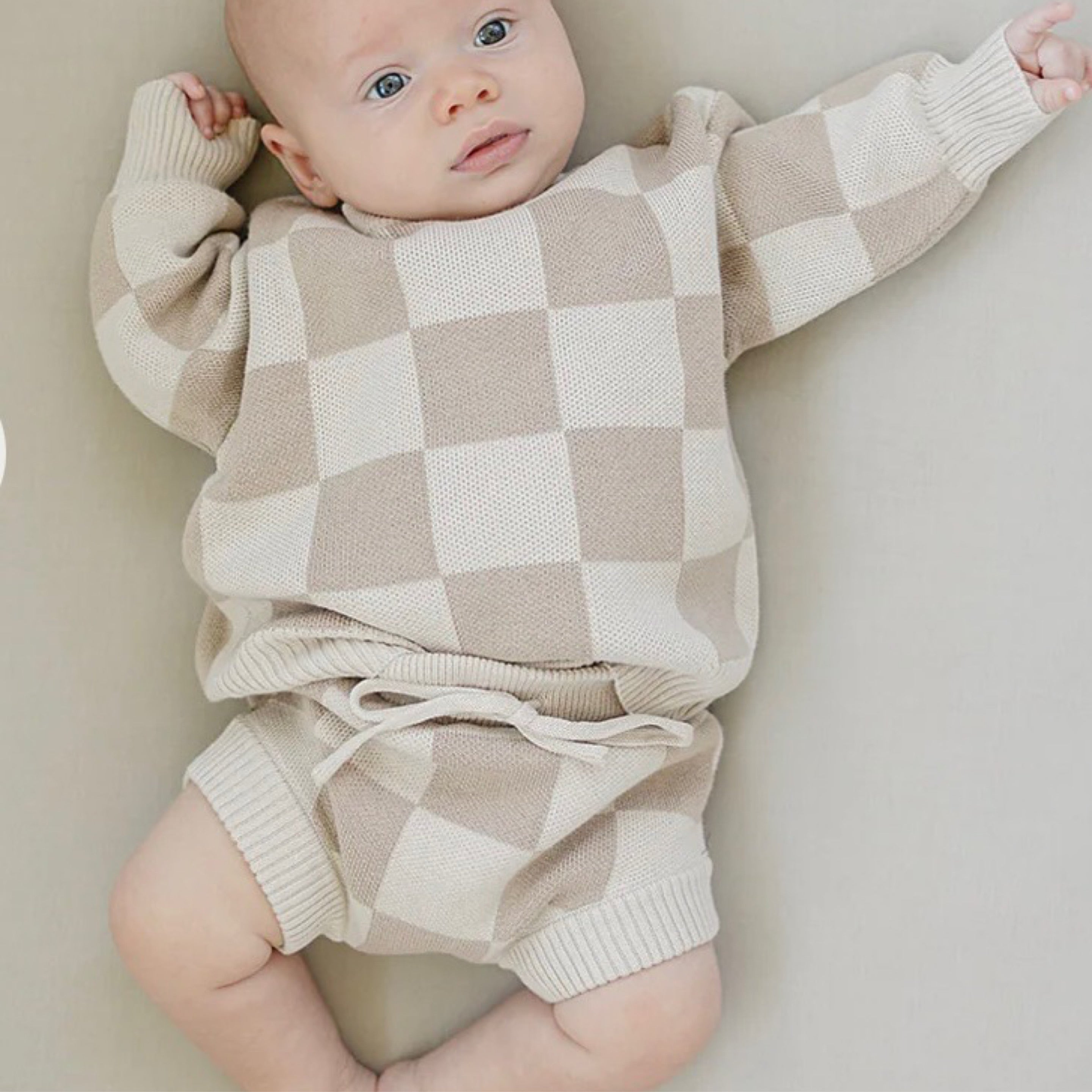 Checkered Knit Sweater & Shorts Set