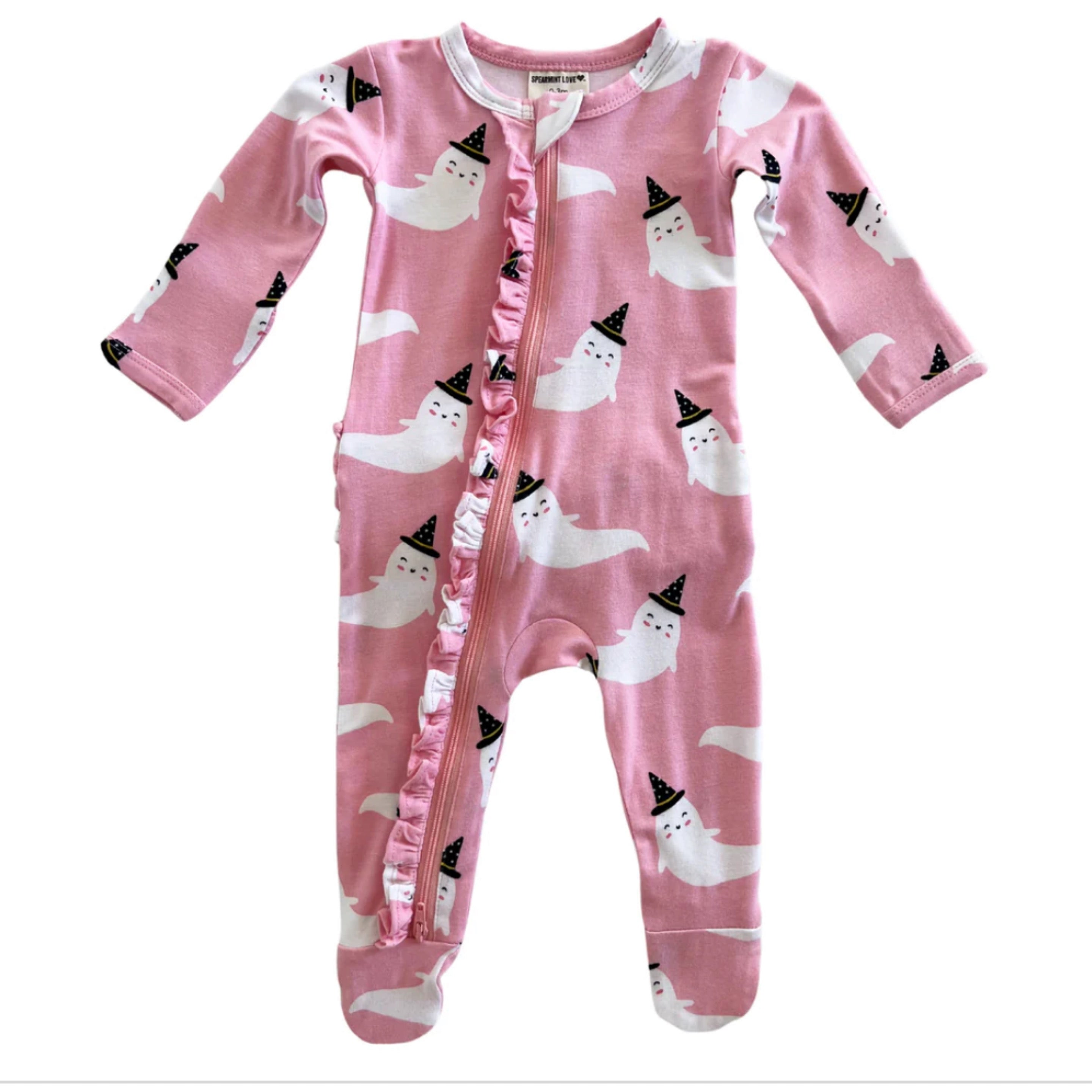 Halloween Pink Ghost Ruffle 2-Way Zip Footie